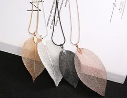 Fashion Real Leaf Dipped Long Leaf Pendants Necklace Gold Plated Handmade DIY Stray Leaves Necklaces 4 Colours