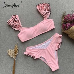 Simplee Sexy red push up one-pieces bikini Summer style ruffle sleeve beach wear playsuit Female casual banthing suit swimsuit