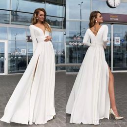 Sexy Long Sleeve Evening Dresses 2019 Deep V Neck High Split Prom Dress Floor Length Satin White Ivory Party Gowns