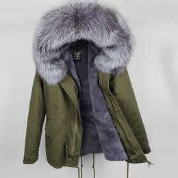 fashion fox furs women fur jackets MAOMAOKONG brand silver fox fur trim hoody grey rabbit fur lining army green Military canvas mini parkas