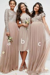 Long Sleeves Cheap Blush Bridesmaid Dresses A Line Jewel Neck Halter Short Tulle Sequins Maid of Honor Gown Wedding Guest Party Dress