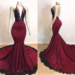 Modest Halter Backless Mermaid Satin Prom Dresses Pageant Sleeveless African Lace Applique Evening Vestido de noche Formal Long Party Gowns