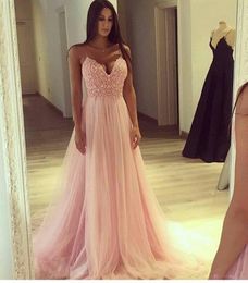 Modest Straps Spaghetti Pink Tulle Long Evening Dresses V Neck A Line Lace Top Long Prom Gowns Cheap Custom Made Vestidos De Fiesta