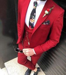 Dark Red Wedding Mens Suits Custom Slim Fit Groom Tuxedos Shawl Lapel 3 Piece Jacket Pants Male Blazer (Jacket+Pants+Vest+Tie)