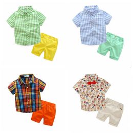 Kids Clothes Baby Summer Suits Boutique Fashion Outfits Boys Tops Shorts Plaid Shirt Floral Printed Clothing Sets Kid Cartoon Clothes DYP352