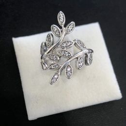 Wholesale- CZ Diamond Leaf Ring With Original Box For 925 Sterling Silver Wedding Gift Rings Set