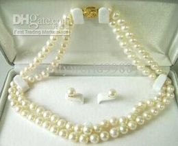 7-8MM Rare salt water White Pearl Necklace Earring Set 17&18inches