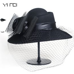 Women Wool Floral Veil Netting Feather Wide Brim Derby Hat Floppy Hat Fedoras Formal Occasion Dance Party Summer Beach Hat Y19052004