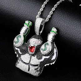 Gold Plated Bling Colorful Cartoon Gorilla Holding Money Bag Cubic Zirconia Big Pendant Necklace Masculina Bijoux Hip Hop Jewelry for Guys