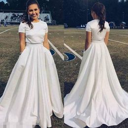 Designer Two Piece Wedding Dresses Simple Short Sleeves Satin Sweep Train Custom Made Plus Size Wedding Gown vestido de novia