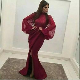 Burgundy 2019 New Long Sleeves Duabi Arabic Prom Dress Lace Applique Split Formal Dresses Evening Wear Party Gowns Special Occasion Dress