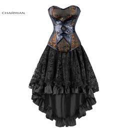 Charmian Women's Sexy Gothic Victorian Steampunk Corset Dress Leather Overbust Corsets And Bustiers Skirt Party Waist Trainer J190701