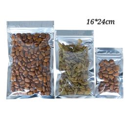 16*24cm 100pcs clear on front food standard package zipper bag silver on back self zip lock packing bags