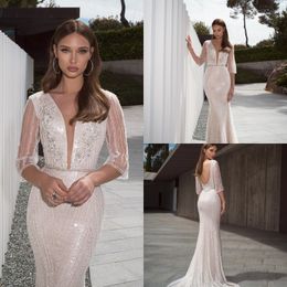 crystal design luxury beading wedding dresses illusion long sleeve appliqued sexy v neck bridal gowns wedding dress robe de mariage