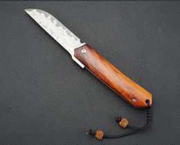 2 Handles Colours Small Folding Blade Knife Damascus Steel Blades Rosewood Handle EDC Tools With Leather Sheath