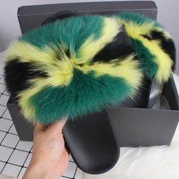 Hot Sale-Ethel Anderson Real Fox Fur Slippers Womens Summer Slides Flip Flops Popular Fluffy Fur Sandals Beach Shoes