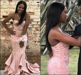 Stunning Mermaid Plus Size Satin Prom Dresses Sequins Beads Tiered African Formal Party Black Girl Evening Gowns Guest Wear Robe De Soiree