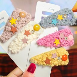 Korea Winter Plush Solid Colour Faux Fur Hairpin Pentagonal Star Rhinestones Hair Clips Hair Barrettes Kids Hairpins Accessories