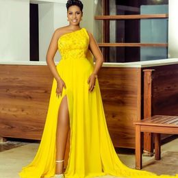 African Yellow Chiffon Prom Dresses Long One Shoulder A-line High Split Evening Gowns With Appliques Beads Formal Party Dresses