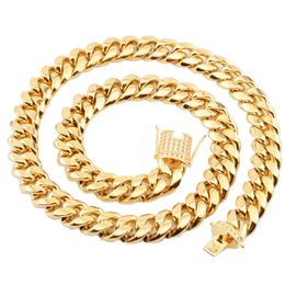 12mm Stainless Steel Cuban Chain Necklace Hip hop Jewellery Gold CZ Clasp Mens Necklace Link 18-20inch