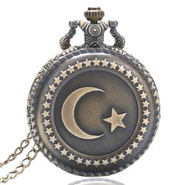 Vintage Bronze Craving Moon Star Quartz Pocket Watches Antique Steampunk Watch for Men Women Necklace Chain