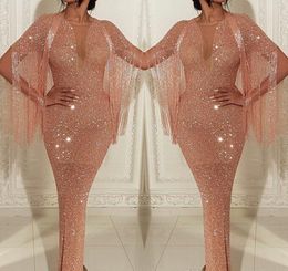 2019 Cheap Rose Pink Evening Dress Arabic Dubai Sequined With Tassel Holiday Women Wear Formal Party Prom Gown Custom Made Plus Size