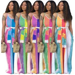 Women Maxi Dresses Striped Strapless Long Skirts Sashes Loose Summer Casual Clothing Sleeveless Colorful sundress LJJA2623
