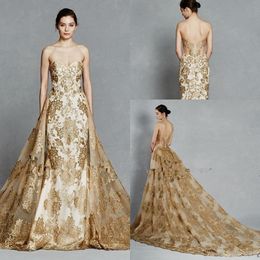 New Kelly Faetanini Gold Color Embroidery Train Detachable Royal Wedding Dresses 2020 Sparkly Sweetheart Backless Two Pieces Wedding Gown