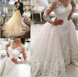 New Lace Mermaid Wedding Dress With Detachable Train 2019 Wedding Dresses Long Sleeve Beaded Embroidery Appliques Wedding Gown