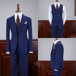 Handsome Check Groom Tuxedos Slim Fit Two Button Groomsmen Wedding Tuxedos Popular Men Formal Prom Jacket Blazer Suit (Jacket+Vest+Pants)