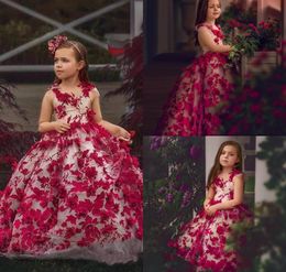 Cute 3D Floral Appliqued Little Girls Pageant Dresses Ball Gown Flower Girl Dress For Wedding Jewel Neck Tulle First Communion Gowns