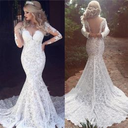 Dubai Saudi Arabic Long Sleeve Mermaid Dresses Lace Appliques Sheer Backless Bride Wedding Gowns Formal Vestido De Novia