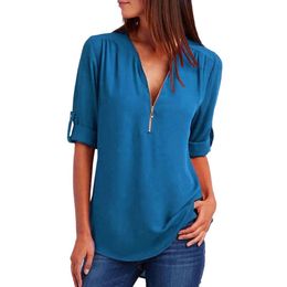 Camiseta feminina com zíper frontal, gola V, cor sólida, manga 3/4 enrolada, túnica casual, blusa de escritório