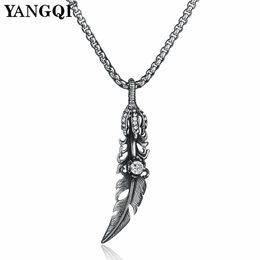 Stainless Steel Cubic Zircon Feather Pendant Necklace Gothic Style Claw Feather Jewelry Male Hip Hop Jewelry Gifts