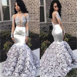 Lindo Flores Rosa Sereia Vestidos de Baile 2019 Apliques Beads Sheer Manga Comprida Vestido de Noite de Prata Stretchy Satin vestes de soirée