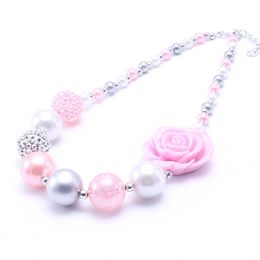 Newest Design Grey+Pink Flower Kid Chunky Necklace Bubblegum Bead Baby Girl Chunky Necklace Jewelry For Toddler Children