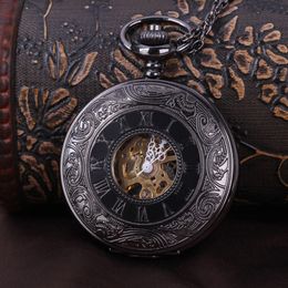 Men perspective Hollow mechanical Black watches mechanical Roman pocket watch