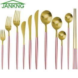 JANKNG 6Pcs Pink Gold Stainless Steel Dinnerware Sets Forks Knives Chopsticks Little Spoon for Coffee Kitchen Tableware Party Accessory