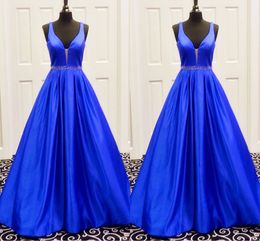 2019 Fashion Blue Prom Dresses Cheap Deep V-neck Open Back Crystal Beaded Sashes Formal Dress Evening Gowns Special Occasion Dress Long