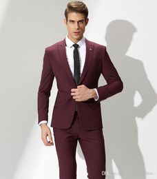 High Quality One Button Burgundy Groom Tuxedos Groomsmen Peak Lapel Best Man Blazer Mens Wedding Suits (Jacket+Pants+Tie) D:2