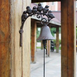 Cast Iron Welcome Dinner Bell Decorative 6 Birds on Branch Wall Mounted Brown Hanging Garden Porch Patio Gate Handbell Door Retro Vintage Antique Ornament