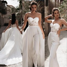 2020 New White Jumpsuits A Line Wedding Dresses Sweetheart Sheer Lace Satin Overskirts Crystal Bridal Gowns Pants Dress Vestidos De Novia