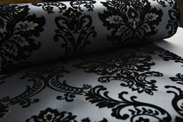 selling unique Classic Mystery Black Velvet velvet Flocking Damask Wallpaper Textile Wallcovering for home decoration3072