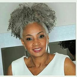 Custom two tone mixed Silver grey human hair Ponytail hairpiece Clip in afro kinky curly Grey hair Ponytails Extensions drawstring ponytail