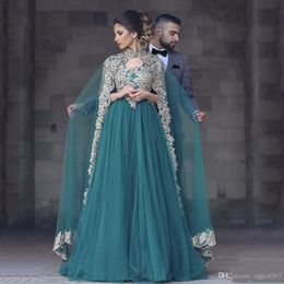 2019 Fashion Hunter Green V Neck Applique Sleeveless Prom Dresses with Cape For Engagement Evening Gowns Mother of the Bride Dress309t