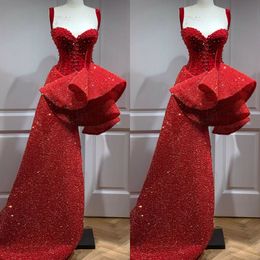 2020 Arabic Red Sparkly Prom Dresses Spaghetti Beaded Sequined Evening Dress Stylish Ruffle Skirt Formal Party Reception Gowns