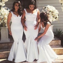 White Mermaid Bridesmaid Dress Long 2020 Plus Size Maid Of Honour Gowns Spaghetti Straps African Sweep Train Wedding Guest Prom Dress AL5358