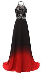New Sexy 2019 Halter Crystals Beads Long Gradient Prom Dresses Chiffon Backless Plus Size Ombre Cocktail Evening Party Gown QC1320