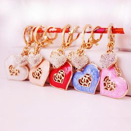 Crystal Heart Pendant Key Chains Glitter Enamel Alloy Rhinestone Charms Decor Fashion Keychain Gold Tone Plated Oil Drop Metal Car Keyring