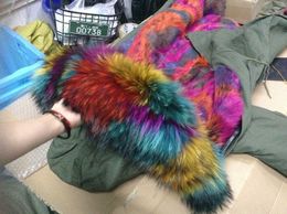 2019 women snow coats Rainbow raccoon fur trim parka Meifeng brand multicolour Artificial fur lining army green canvas long parkas